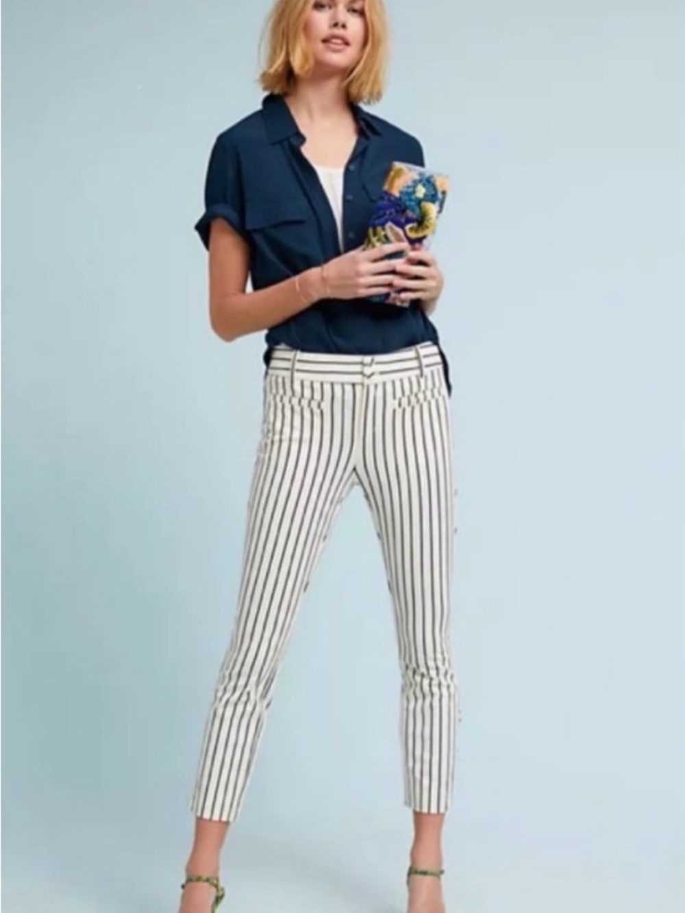 Anthropologie The Essential Slim Striped Trousers Navy/Cream Tuxedo Pants 8